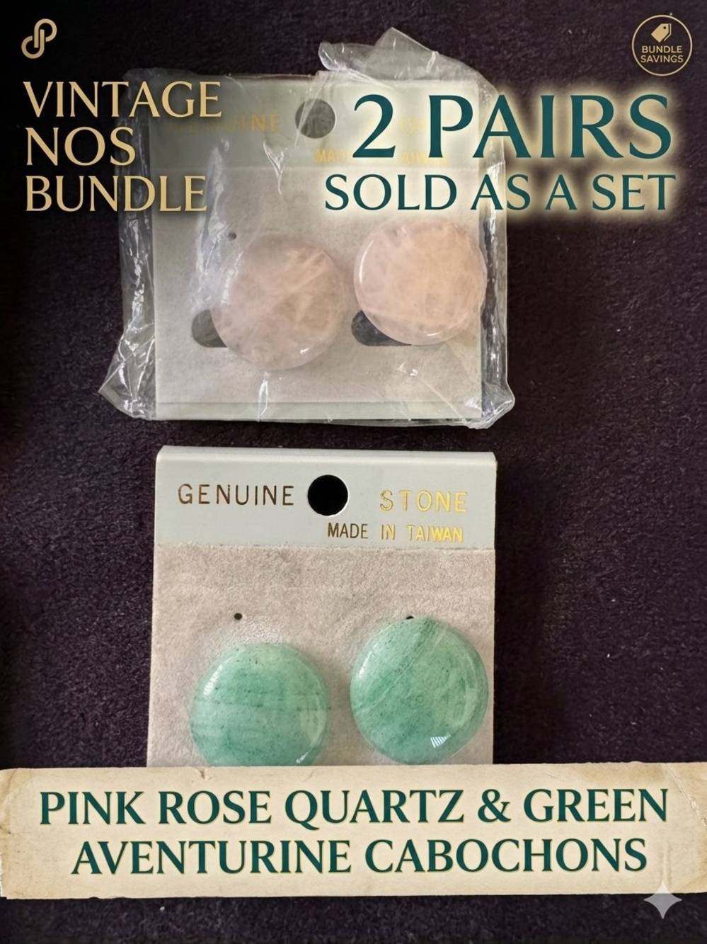 VTG NOS Genuine Stone Clip On Earrings Bundle Rose Quartz Green Aventurine